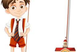 Cartoon schoolboy with empty scroll and school building